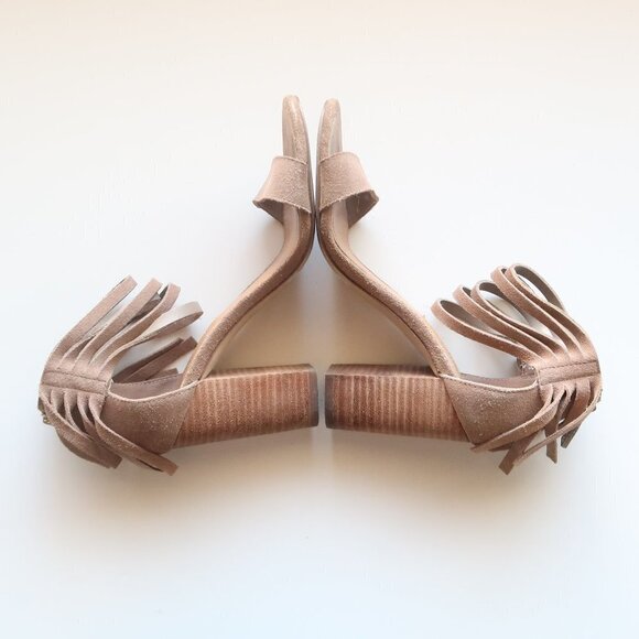 BCBGeneration Cydney Fringe Trimmed Taupe Suede Sandals Block Heels Women Size 6 - Picture 6 of 16